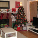 The living room decorated for Christmas at The Duplex