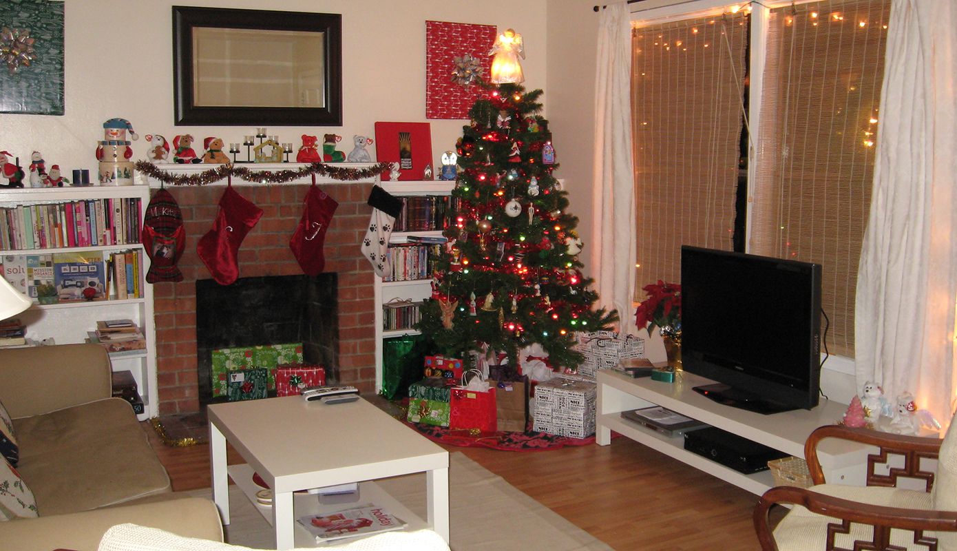 The living room decorated for Christmas at The Duplex