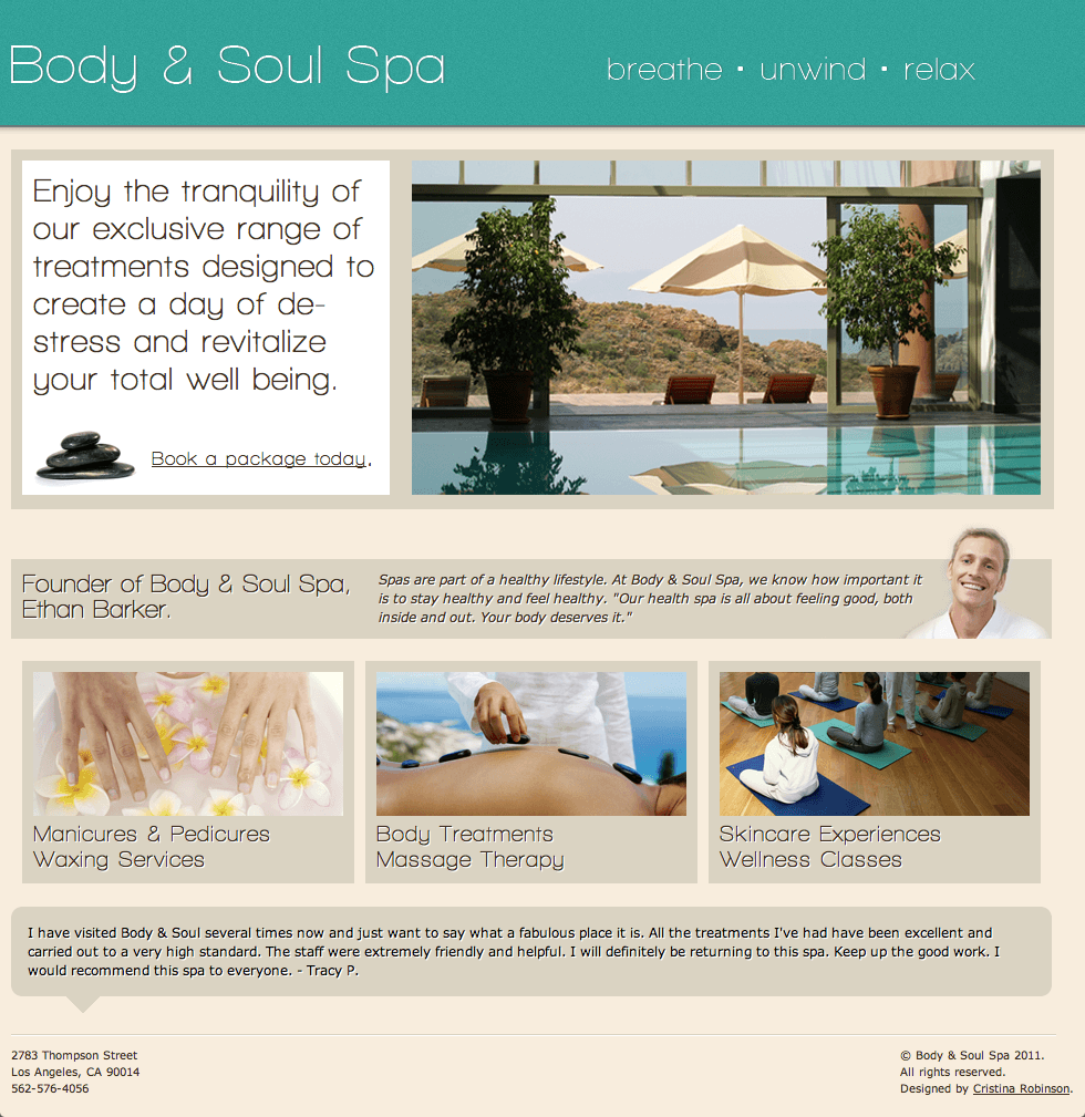 One page site design for a fictional spa