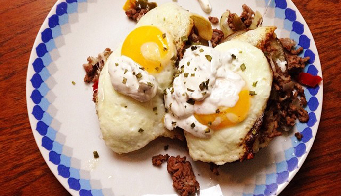 Stuffed Potato Skin Skillet Hash with Fried Eggs
