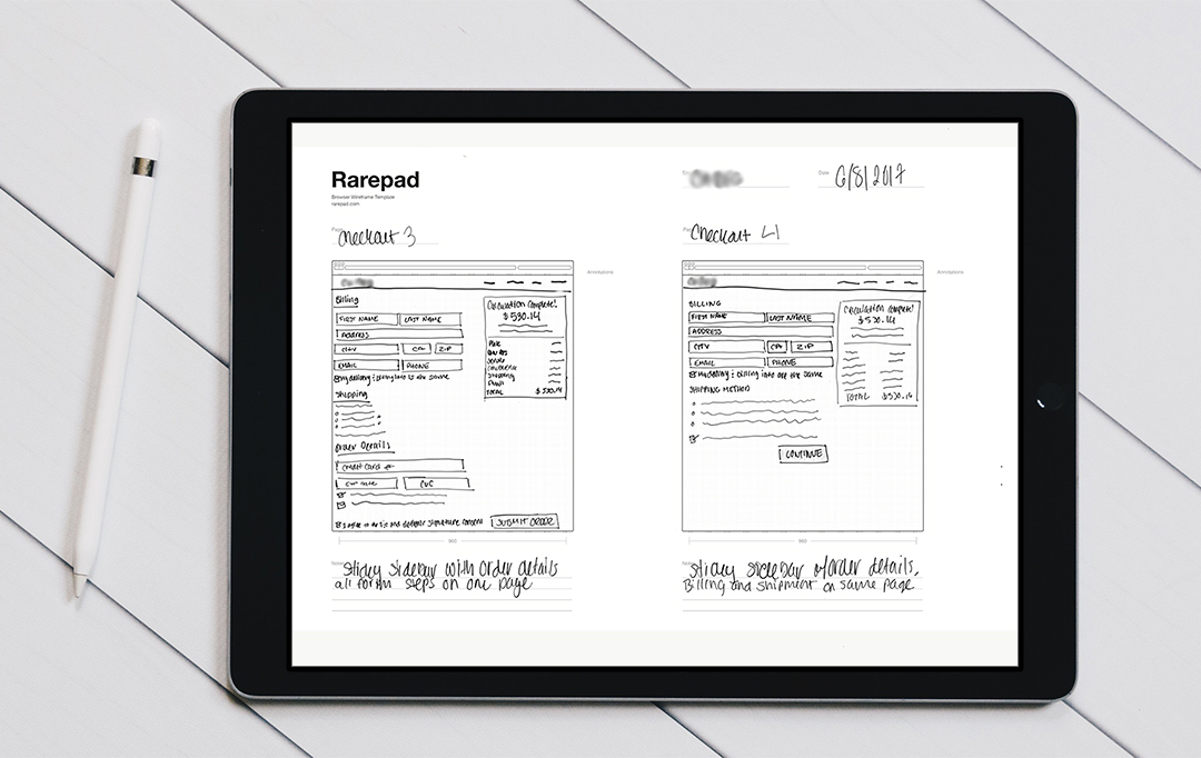 Low-fidelity wireframes on iPad Pro using Adobe Photoshop Sketch and Rarepad
