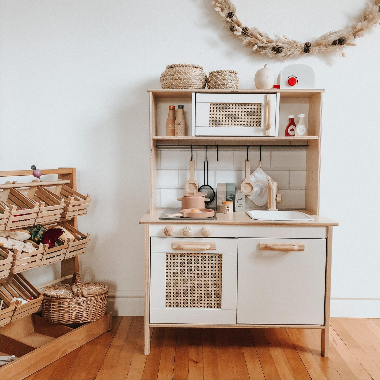 ikea kitchen set with wooden and boho accents