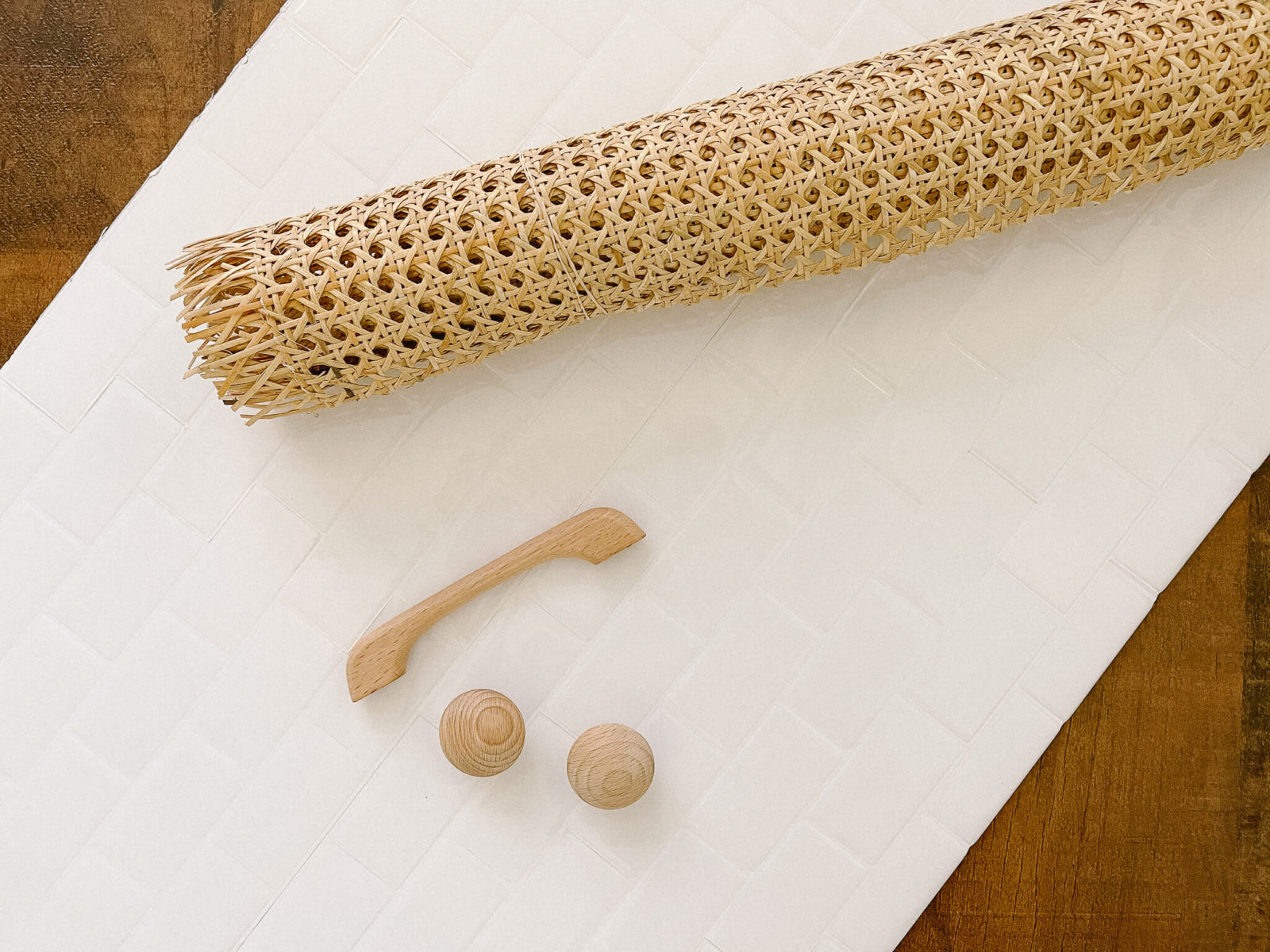 subway tile wooden hardware rattan cane webbing
