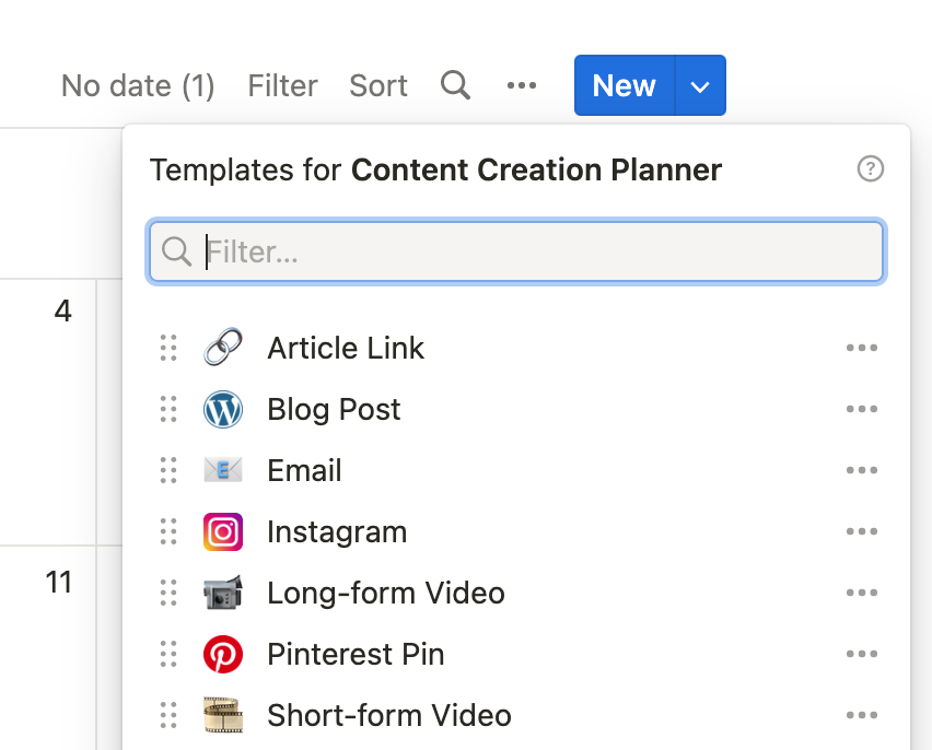 a screenshot of a a list of templates in the notion app